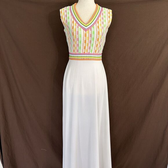 Vintage 60s 70’s Handmade Retro Maxi Dress Empire Waist XS Rainbow - Picture 1 of 7